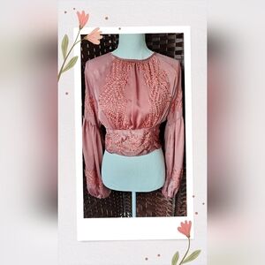 Free People Embroidered Puff Sleeve Crop Top XS Open Back Boho Whimsical Pink